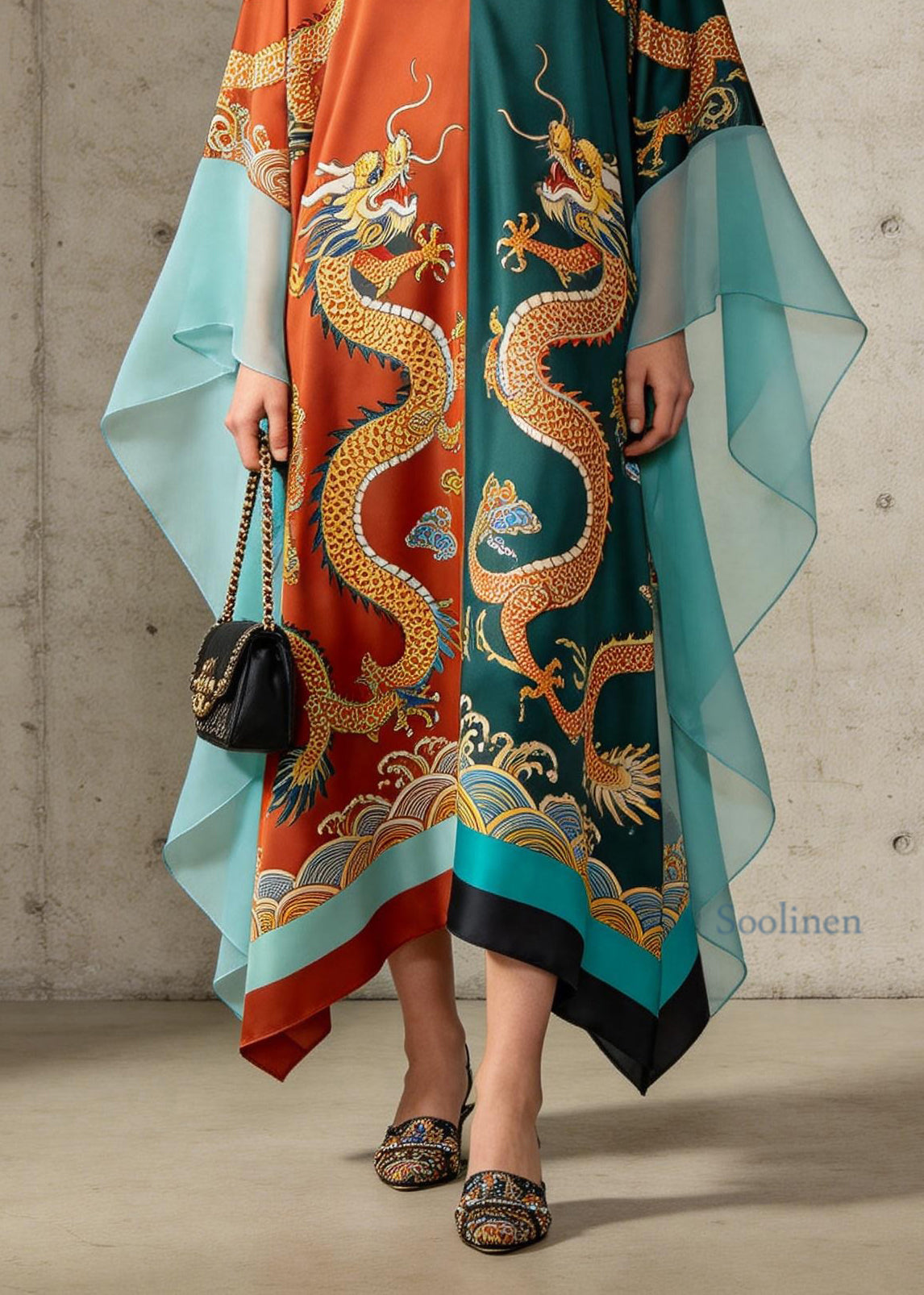 Retro Colorblock V Neck Print Chiffon Maxi Dresses Summer