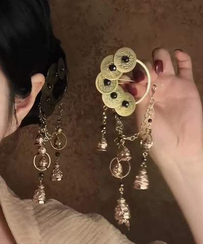 Retro Copper Five Emperor Coins Bell Tassel Single Hairpin