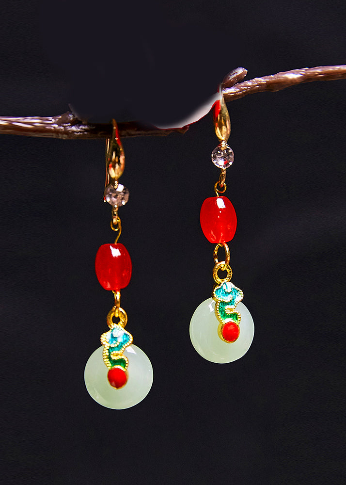 Pendientes colgantes de jade fino con circonitas y coral retro