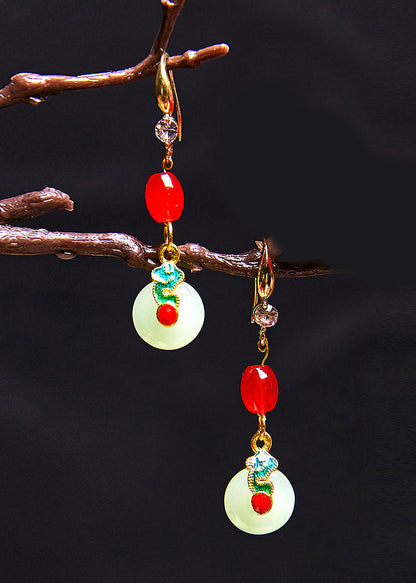 Pendientes colgantes de jade fino con circonitas y coral retro