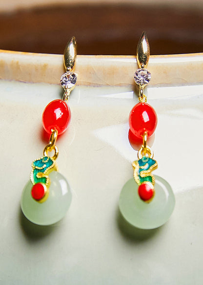 Pendientes colgantes de jade fino con circonitas y coral retro