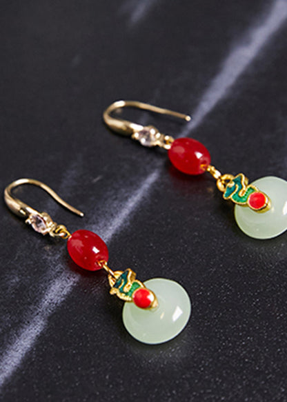 Pendientes colgantes de jade fino con circonitas y coral retro