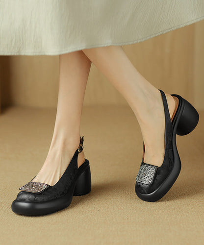 Retro Cowhide Leather Splicing Apricot Chunky Heel Sandals
