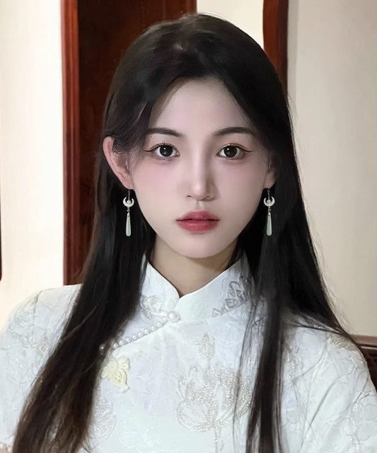 Retro Cyan Sterling Silber Legierung Jade Mond Tropfen Ohrringe