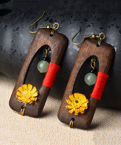 Pendientes colgantes rectangulares de madera con diseño floral de jade y cobre marrón oscuro estilo retro