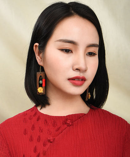 Pendientes colgantes rectangulares de madera con diseño floral de jade y cobre marrón oscuro estilo retro