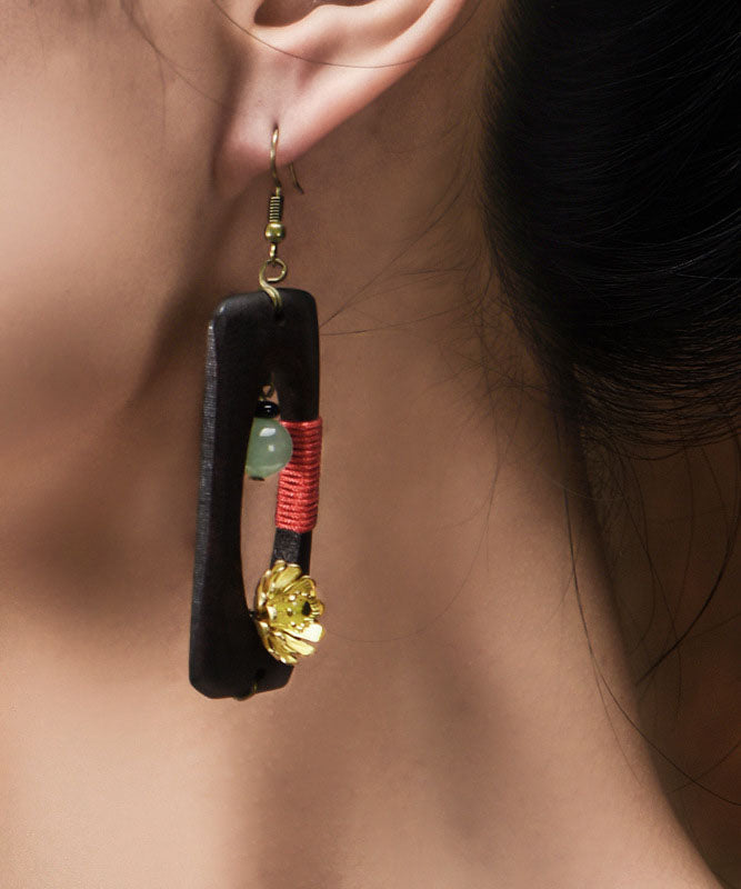 Pendientes colgantes rectangulares de madera con diseño floral de jade y cobre marrón oscuro estilo retro