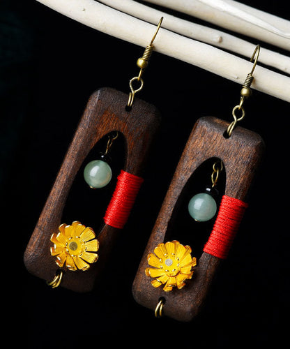 Pendientes colgantes rectangulares de madera con diseño floral de jade y cobre marrón oscuro estilo retro