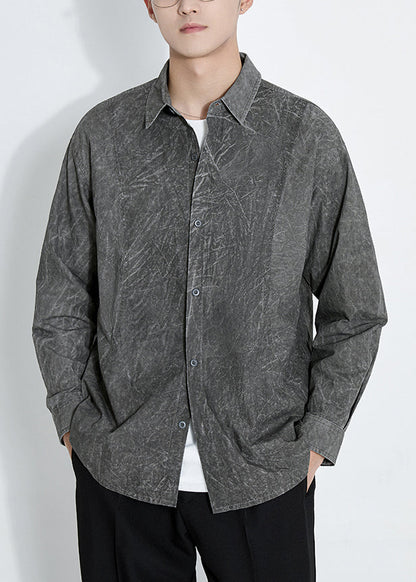 Camisas retro de algodón teñido anudado con botones gris oscuro para hombre, manga larga
