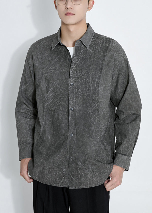Camisas retro de algodón teñido anudado con botones gris oscuro para hombre, manga larga