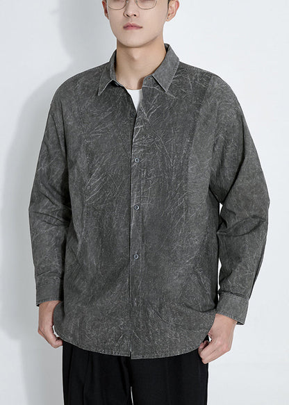 Camisas retro de algodón teñido anudado con botones gris oscuro para hombre, manga larga