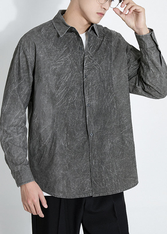Camisas retro de algodón teñido anudado con botones gris oscuro para hombre, manga larga