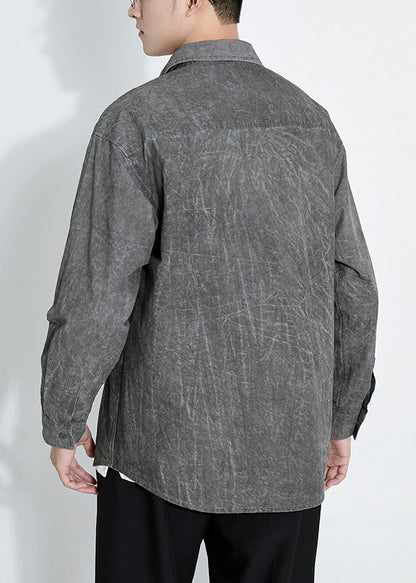 Camisas retro de algodón teñido anudado con botones gris oscuro para hombre, manga larga