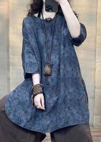 Retro Dunkelviolett Print Leinen Shirt Top Armband Ärmel