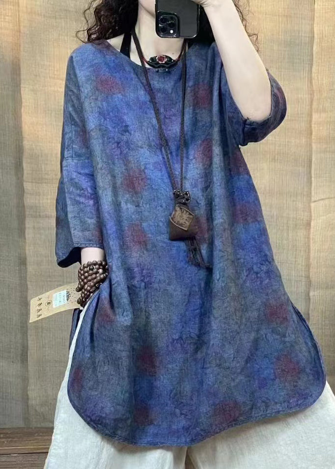 Retro Dunkelviolett Print Leinen Shirt Top Armband Ärmel