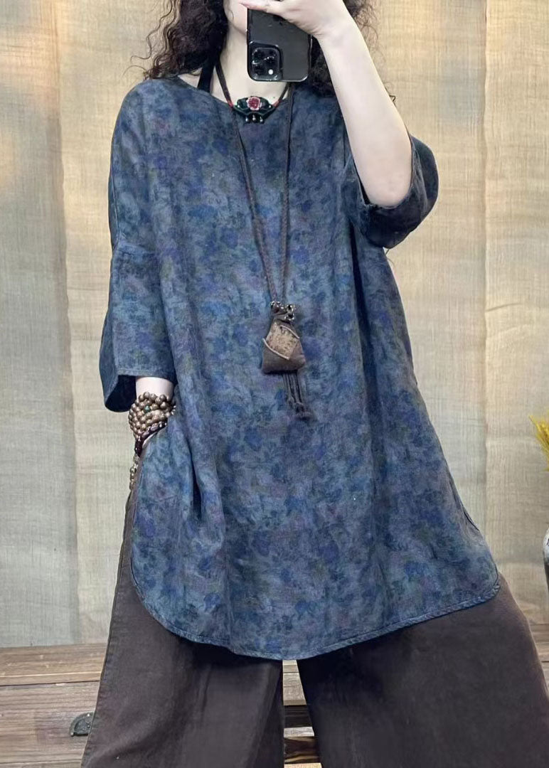 Retro Dunkelviolett Print Leinen Shirt Top Armband Ärmel