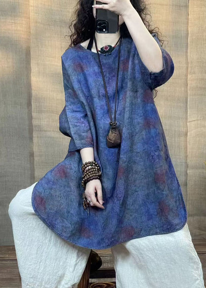 Retro Dunkelviolett Print Leinen Shirt Top Armband Ärmel