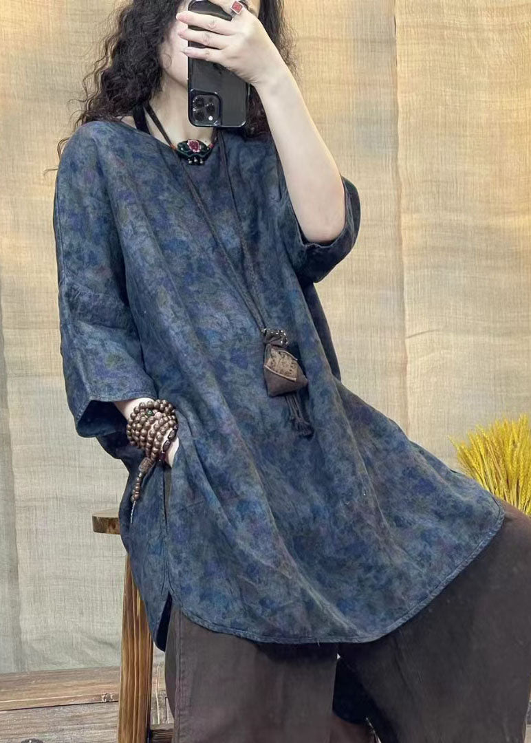 Retro Dunkelviolett Print Leinen Shirt Top Armband Ärmel