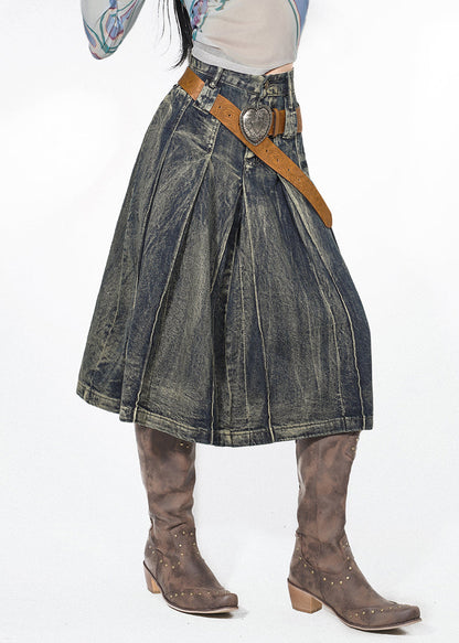 Retro Denim Blue High Waist Pleated Skirts Summer