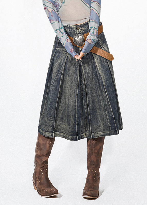 Retro Denim Blue High Waist Pleated Skirts Summer