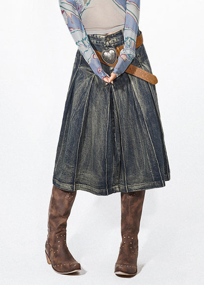 Retro Denim Blue High Waist Pleated Skirts Summer