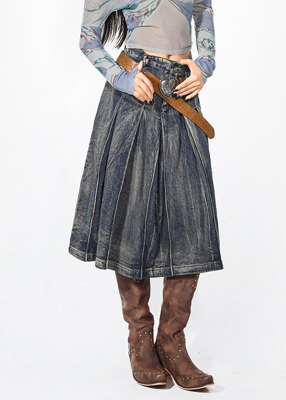 Retro Denim Blue High Waist Pleated Skirts Summer