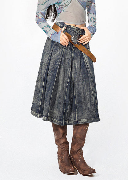 Retro Denim Blue High Waist Pleated Skirts Summer