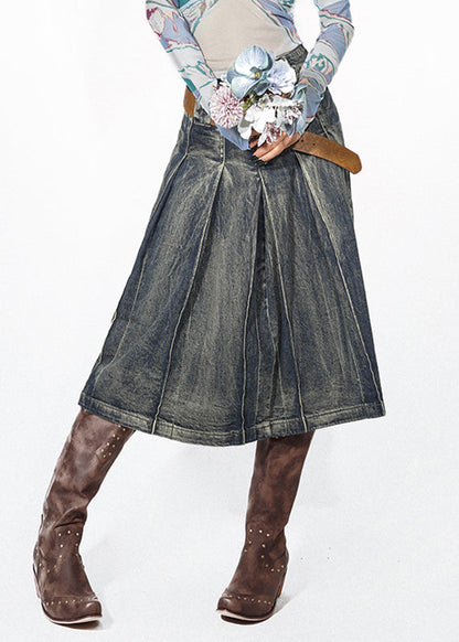 Retro Denim Blue High Waist Pleated Skirts Summer