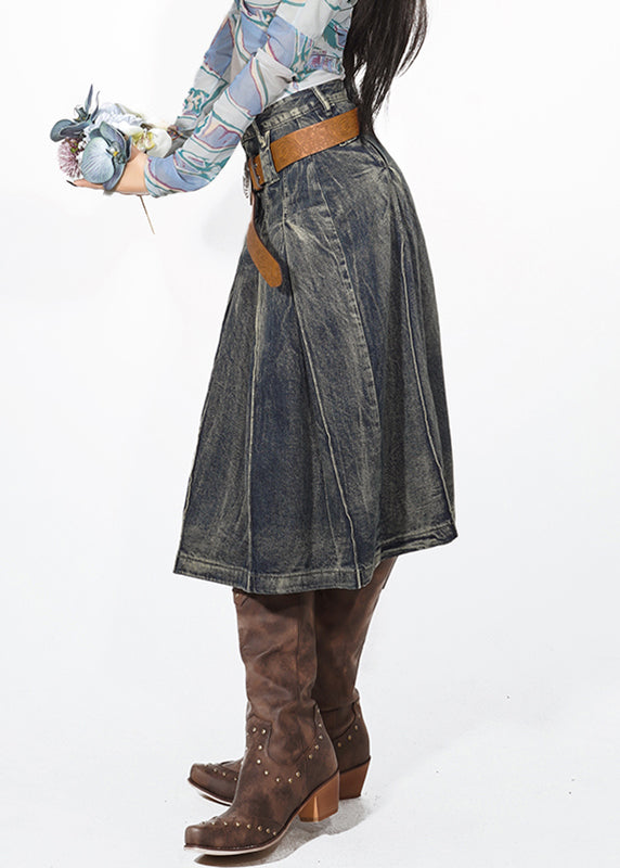 Retro Denim Blue High Waist Pleated Skirts Summer