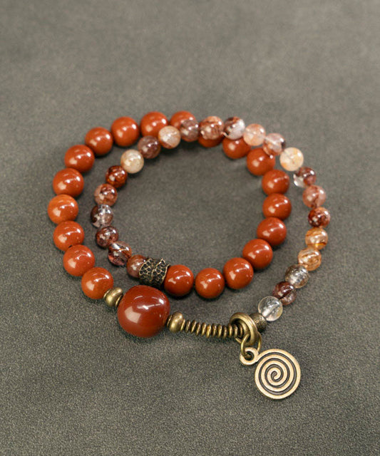 Retro Ethnic Style Redstone Crystal Double Circle Bead Bracelet