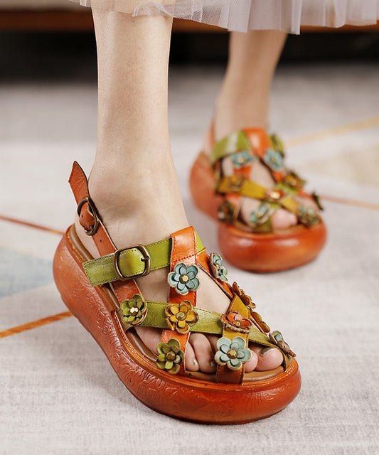 Retro Floral Hollow Out Plateau Sandalen Gelbes Rindsleder