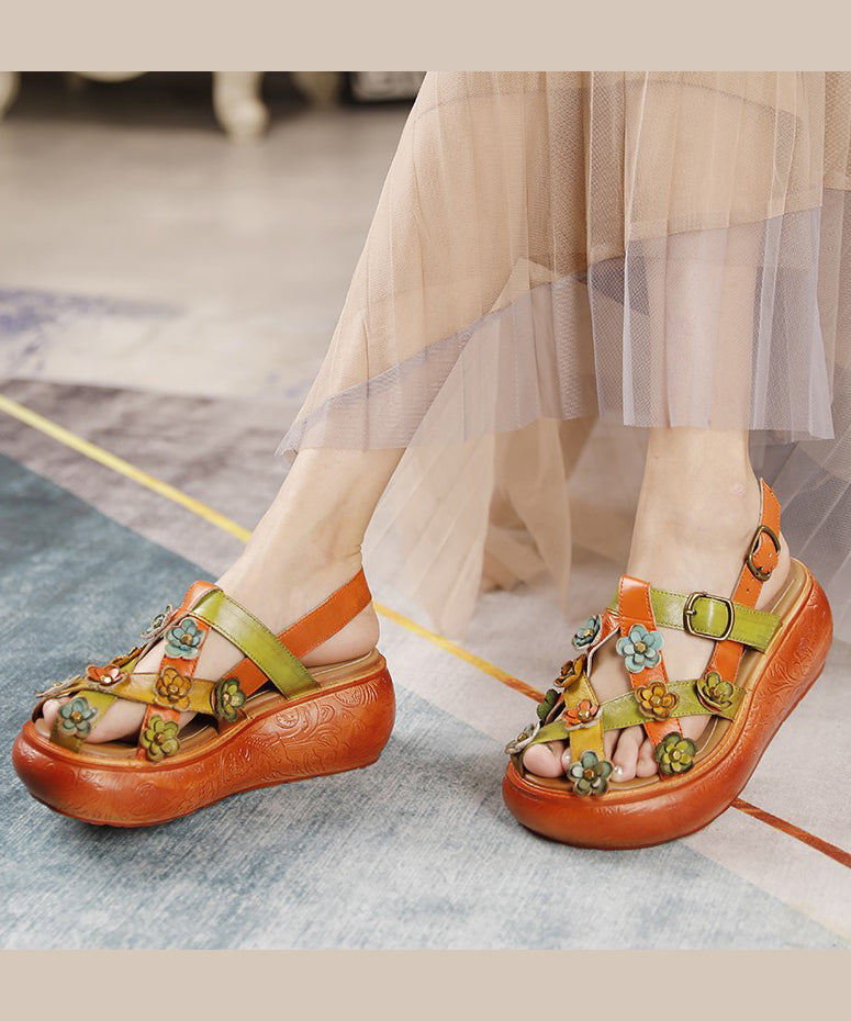 Retro Floral Hollow Out Plateau Sandalen Gelbes Rindsleder
