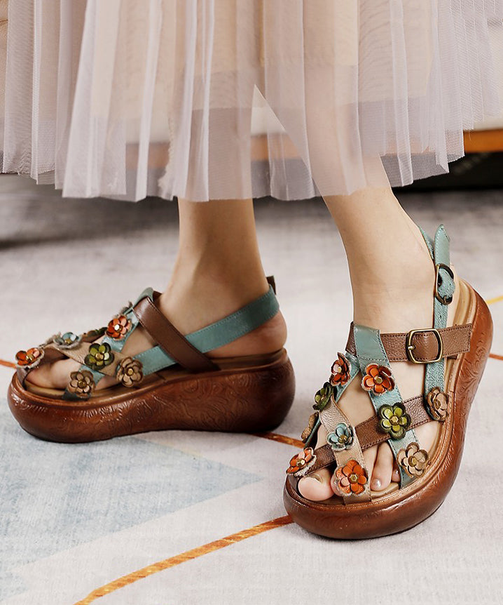 Retro Floral Hollow Out Plateau Sandalen Gelbes Rindsleder