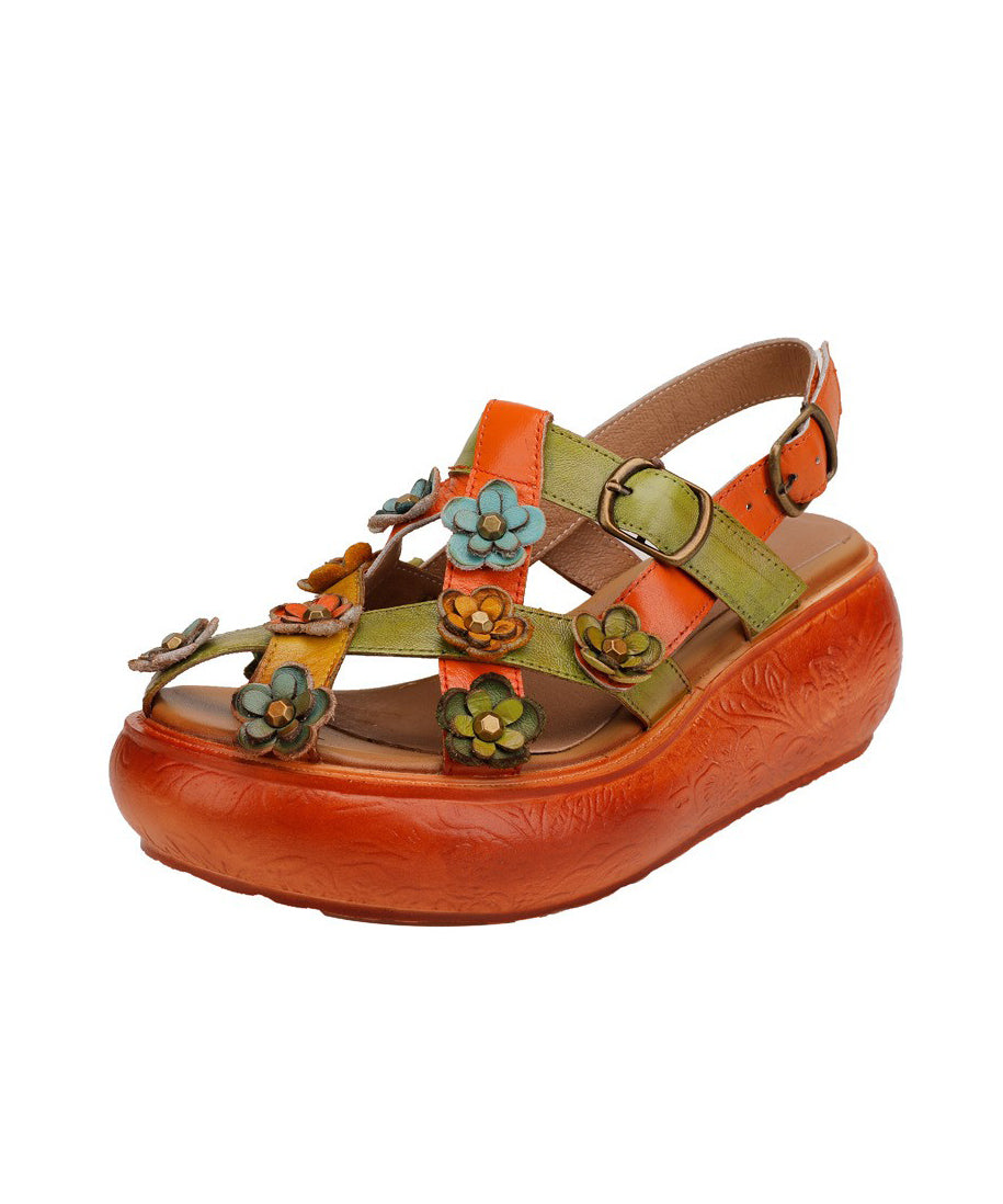 Retro Floral Hollow Out Plateau Sandalen Gelbes Rindsleder