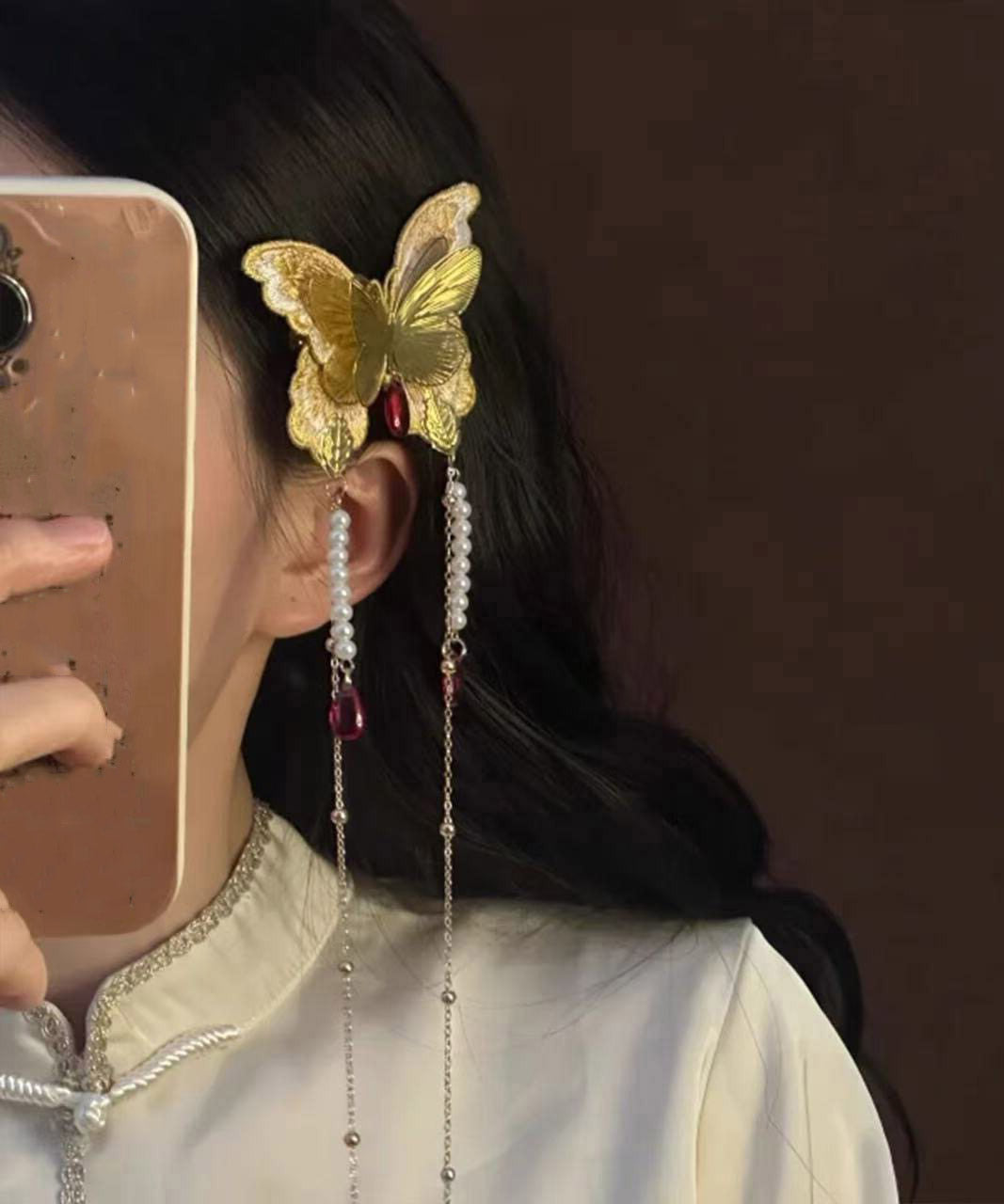 Retro Gold Alloy Embroidery Butterfly Pearl Tassel A Pair Hairpin