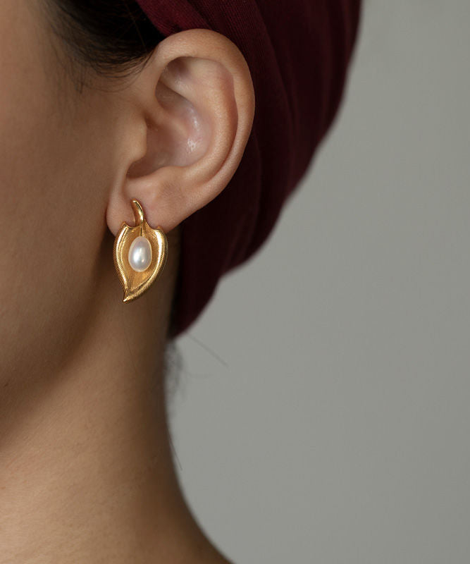 Retro Gold Copper Overgild Pearl Stud Earrings