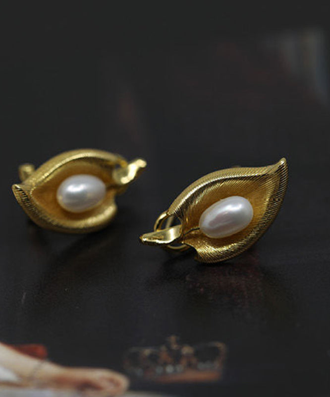 Retro Gold Copper Overgild Pearl Stud Earrings