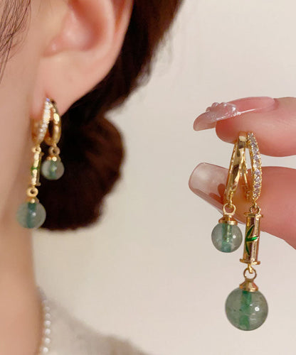Pendientes colgantes con gemas de bambú y circonitas doradas y cobre retro