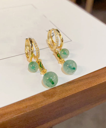 Pendientes colgantes con gemas de bambú y circonitas doradas y cobre retro