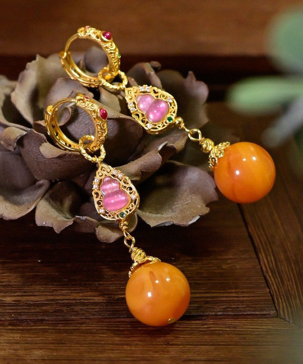 Pendientes colgantes de calabaza de cera de abejas con baño de plata de ley dorada retro