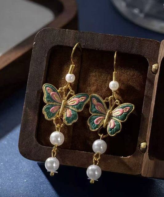 Pendientes colgantes con borlas de esmalte y mariposas de plata de ley dorada retro