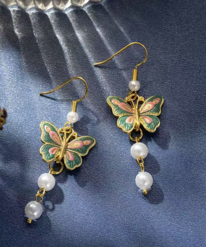Pendientes colgantes con borlas de esmalte y mariposas de plata de ley dorada retro