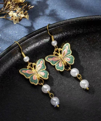 Pendientes colgantes con borlas de esmalte y mariposas de plata de ley dorada retro