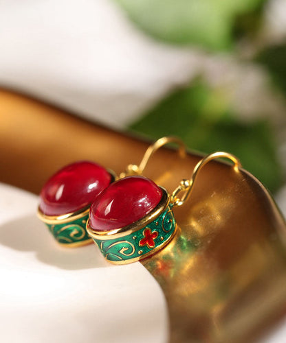 Pendientes colgantes de ágata esmaltada y dorada de plata de ley retro
