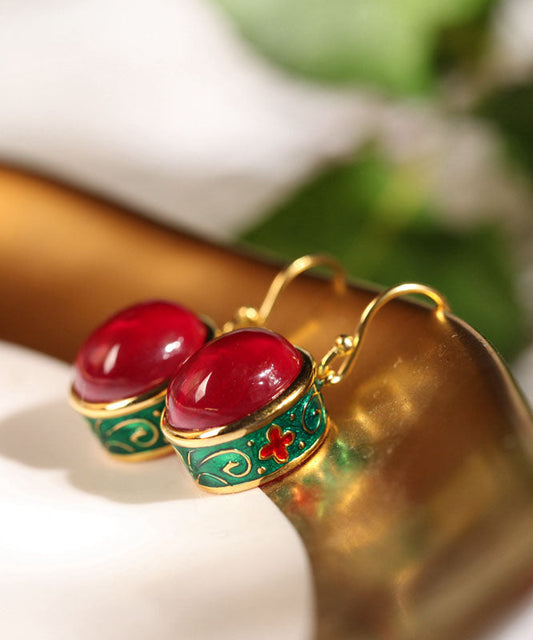 Pendientes colgantes de ágata esmaltada y dorada de plata de ley retro