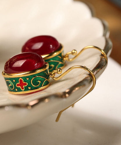 Pendientes colgantes de ágata esmaltada y dorada de plata de ley retro