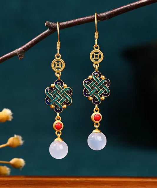 Retro Gold Sterling Silber Overgilt Jade Emaille Tropfen Ohrringe