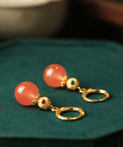 Retro-Ohrhänger aus vergoldetem Sterlingsilber mit Zirkon-Achat und Kalebassenmotiv