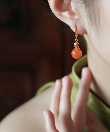 Retro-Ohrhänger aus vergoldetem Sterlingsilber mit Zirkon-Achat und Kalebassenmotiv