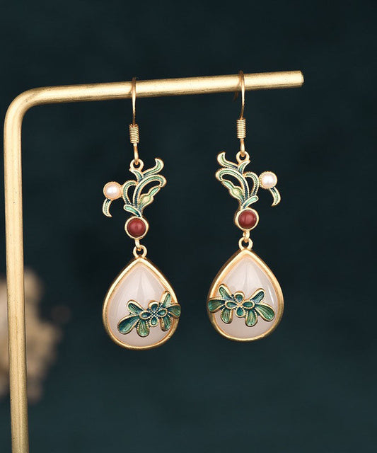 Pendientes colgantes de cloisonné con ágata y jade dorado antiguo verde retro